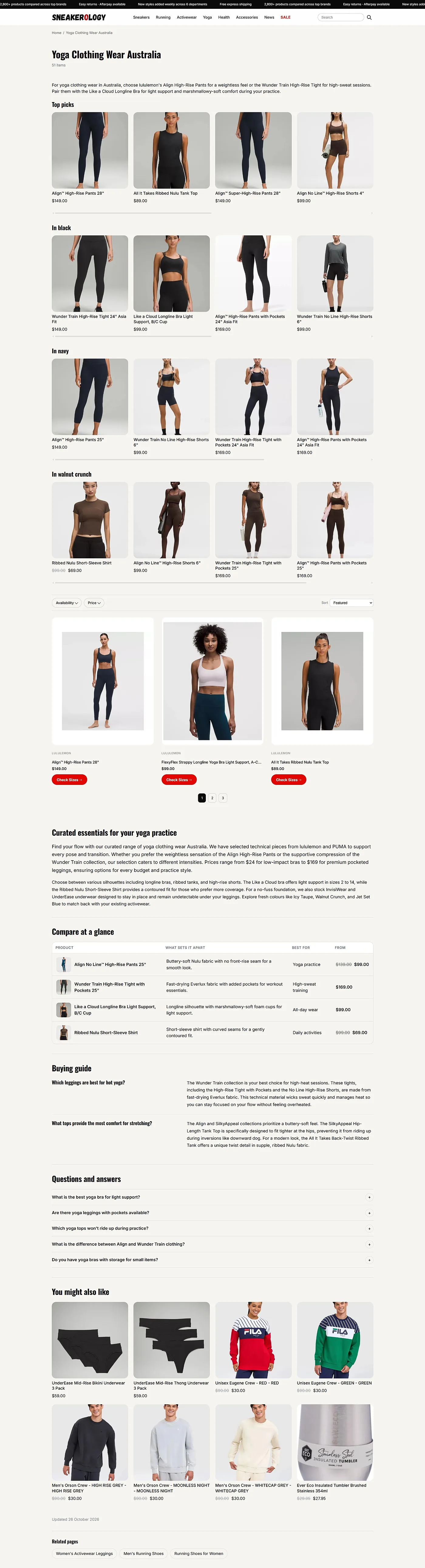 The live Yoga Clothing Wear Australia collection page on Sneakerology, built by AEO Architect