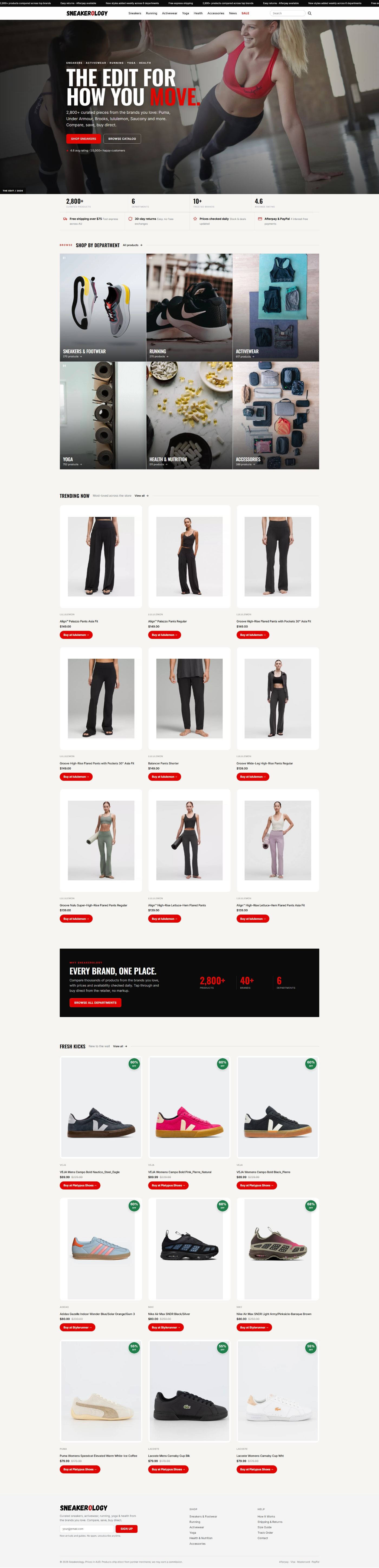 The redesigned Sneakerology homepage, movement-led hero and department tiles