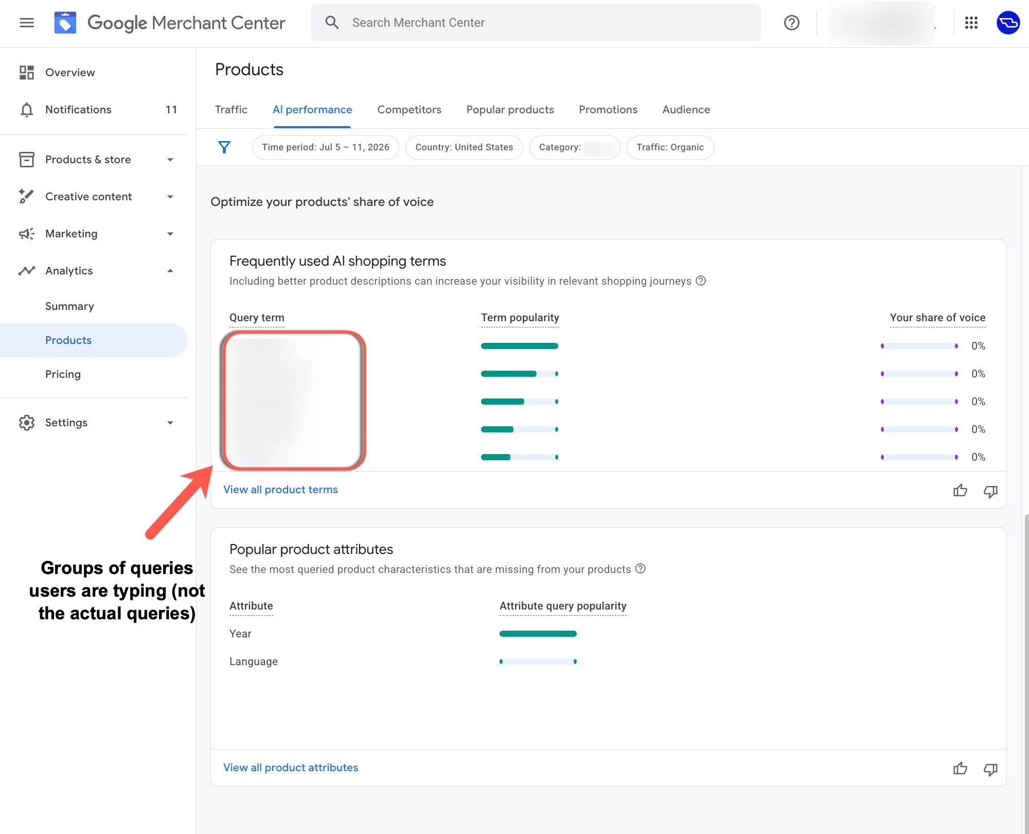 Frequently used AI shopping terms and missing product attributes. Screenshot: Brodie Clark via Search Engine Roundtable