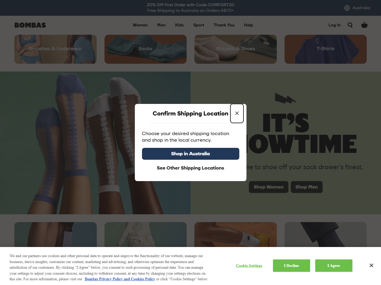 Screenshot of the Bombas Shopify store