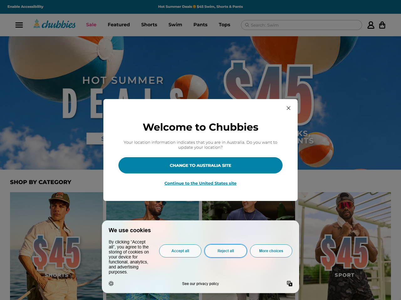 Screenshot of the Chubbies Shopify store