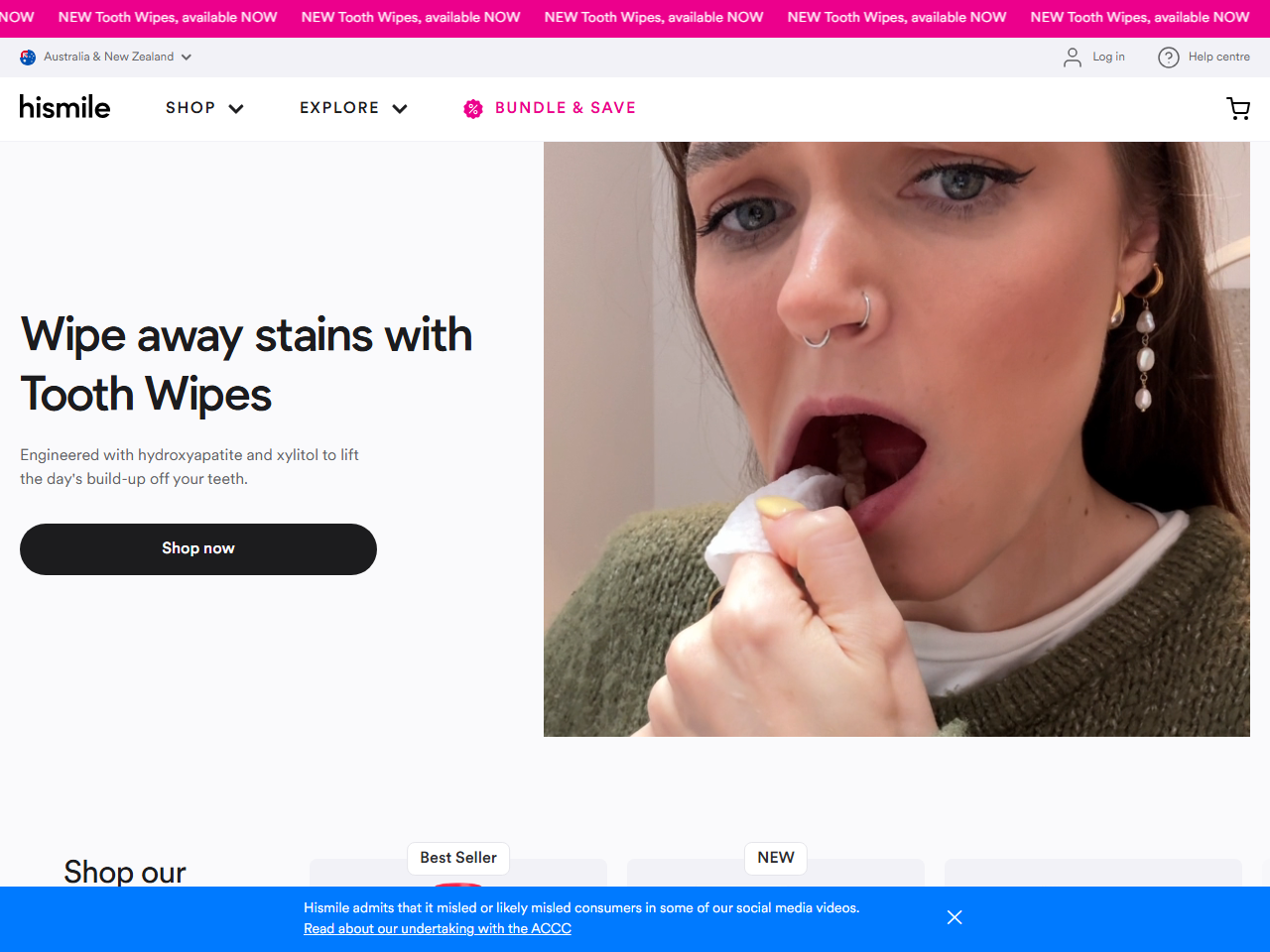 Screenshot of the Hismile Shopify store