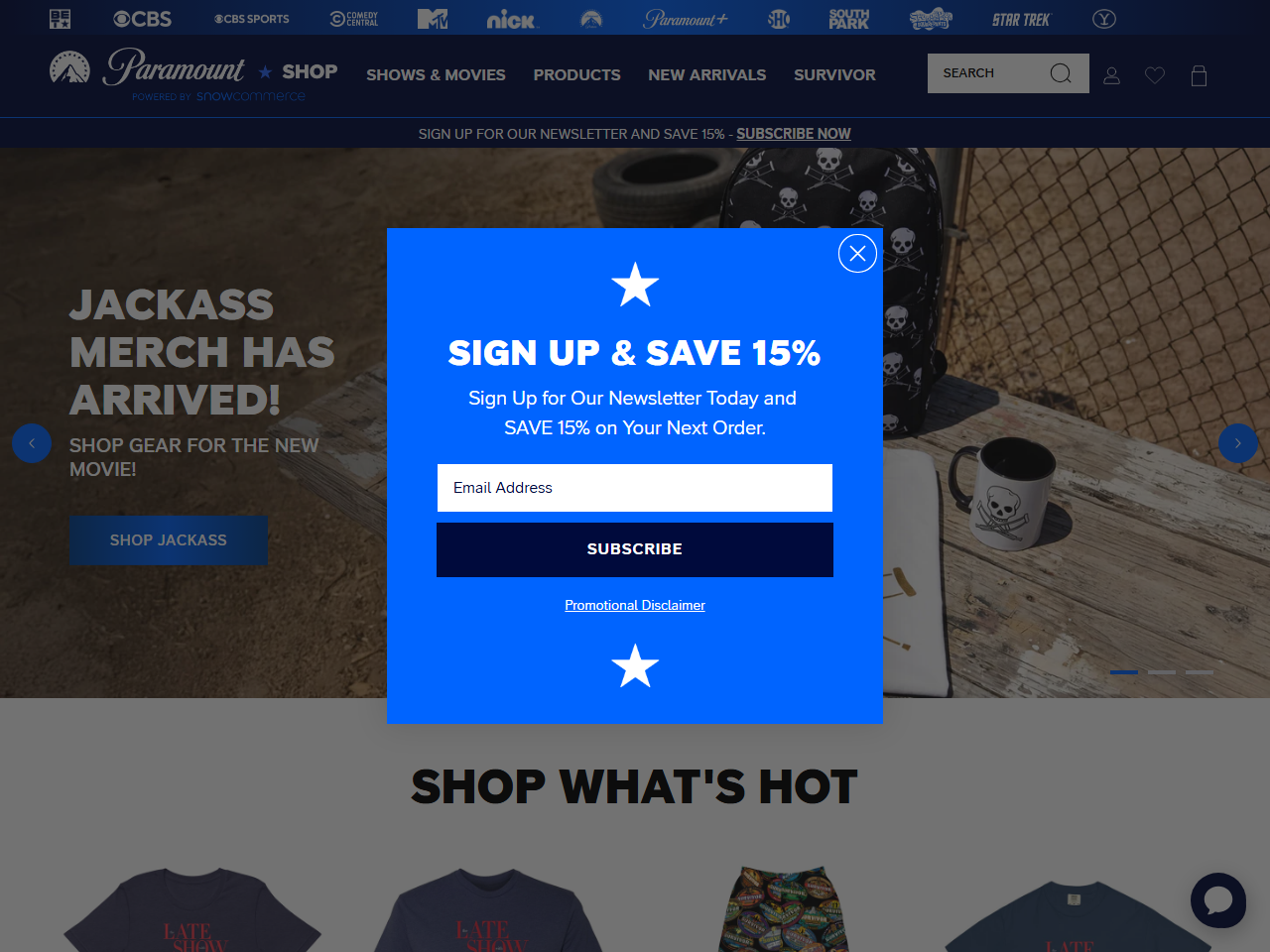 Screenshot of the Paramount Shop Shopify store